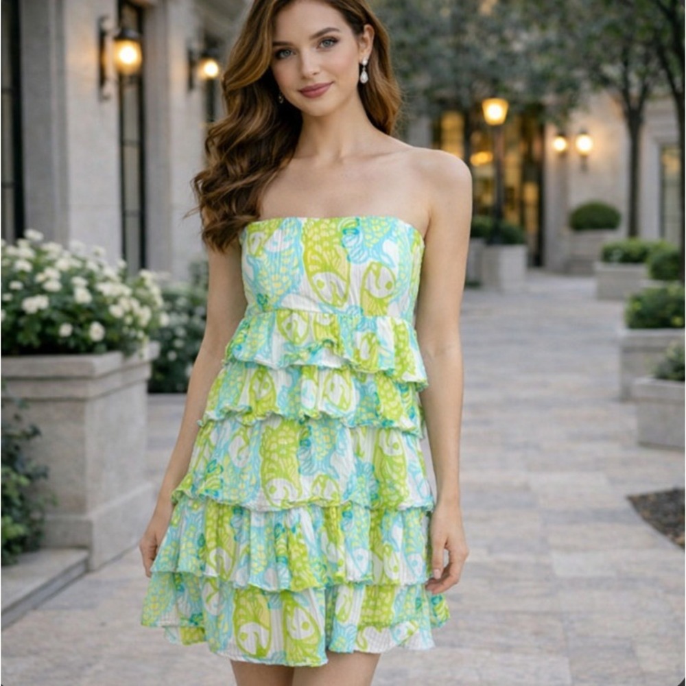Lilly Pulitzer Strapless Ruffle Dress Sz 4 Blue Green Fish Print Tiered Metallic
